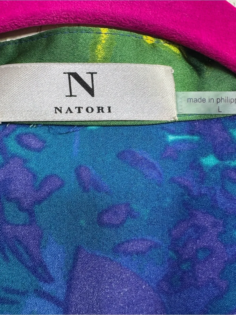 Natori Blue Green Abstract Swim Cover Up Size L Resort Beach Pool Dolman Sleeve